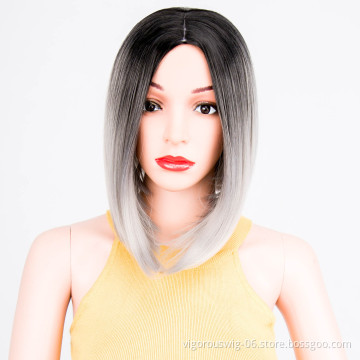 High quality wholesale premium vendor ombre silver short straight wavy hair synthetic heat resistant wig lace front black women